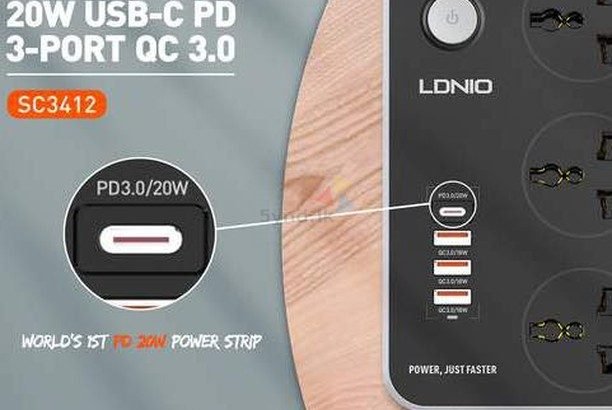 LDNIO SC3412 38W PD20W Power Strip 3 Socket Outlets and 3 QC 3.0 USB
