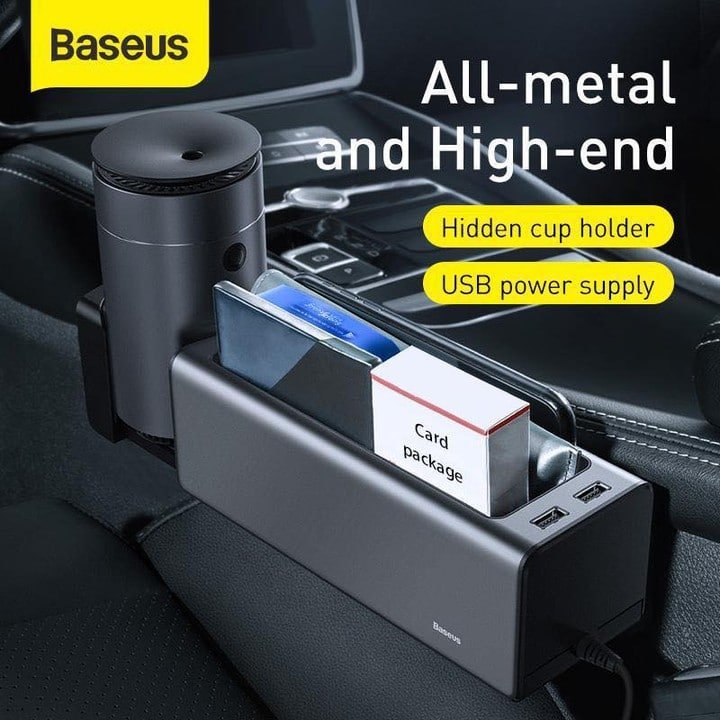 BASEUS Deluxe Metal Armrest Console Organizer Dual USB Power Supply Black