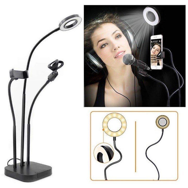 3in1 Dimmable LED Selfie Ring Light With Cell Phone and Microphone Holder