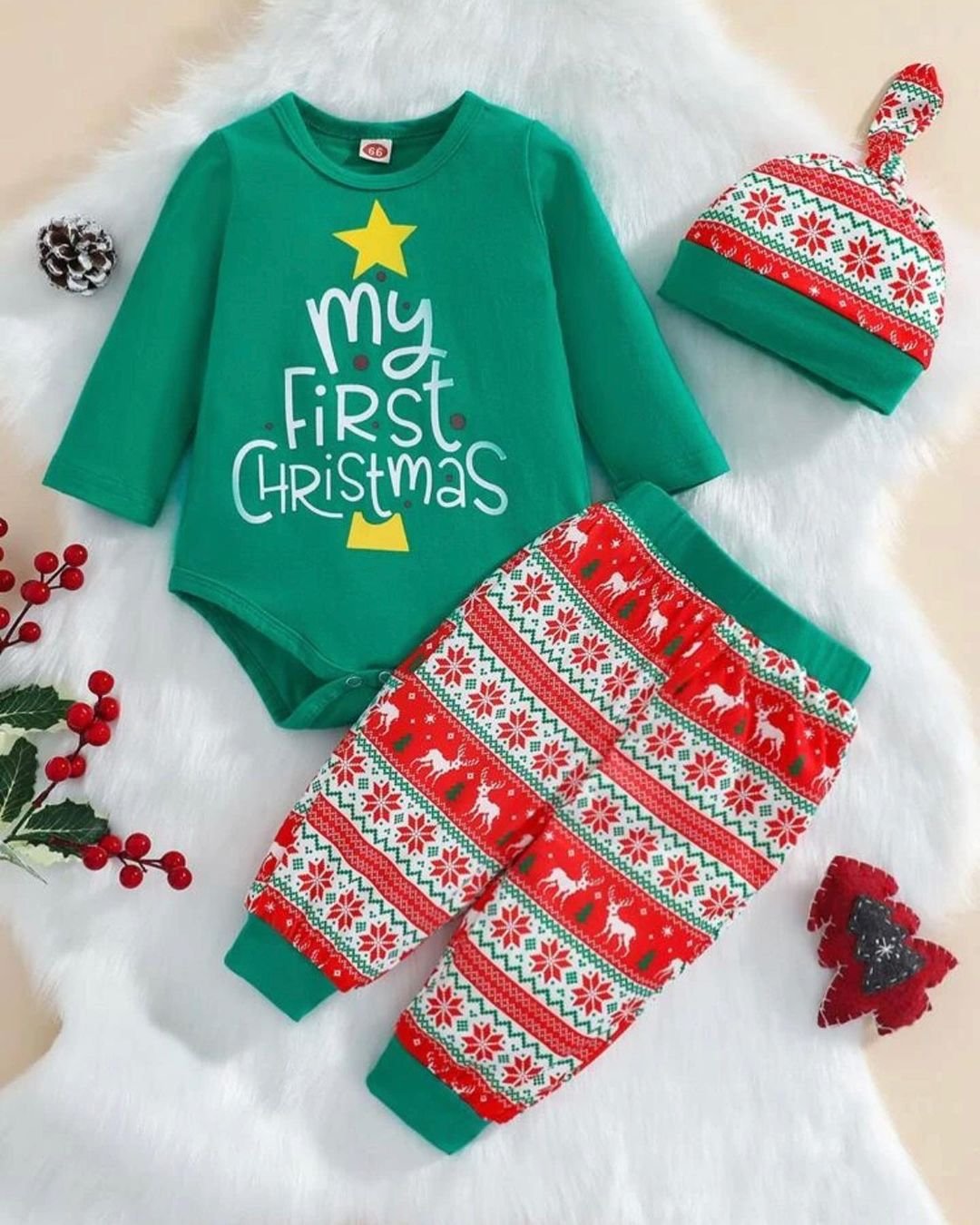 Christmas Print bodysuit And Sweatpants and Hat