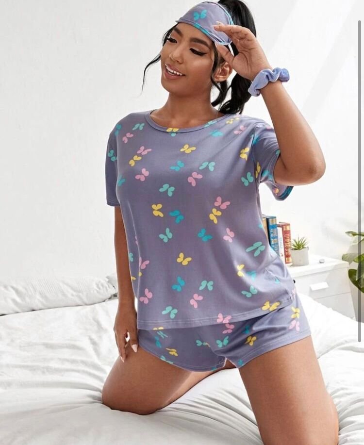 Plus Size Butterfly Print PJ Set with Eye Cover