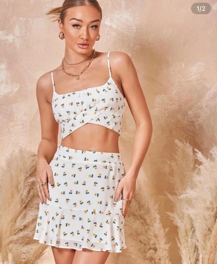 Floral Print Crop Top and Skirt
