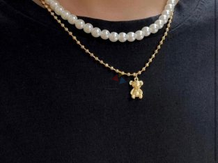 Bear Charm Faux Pearl Beaded Layered Necklace